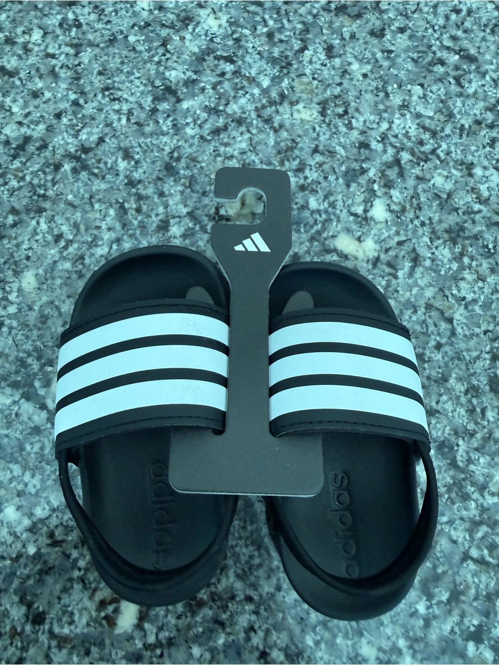 adidas Kids Black Slide Sandals with White Stripes